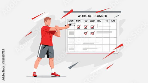 Man planning workout schedule on calendar board with checkmarks, fitness routine concept