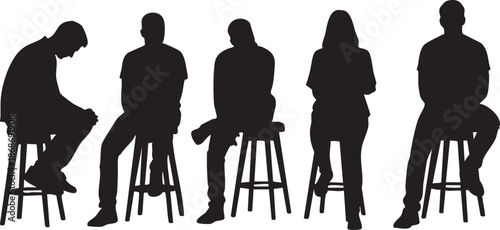 Five people sitting on stools in silhouette black and white