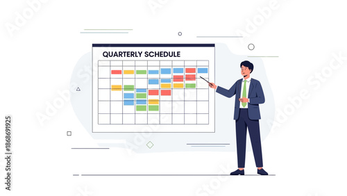 Man presenting quarterly schedule with colorful timeline on whiteboard, business planning concept