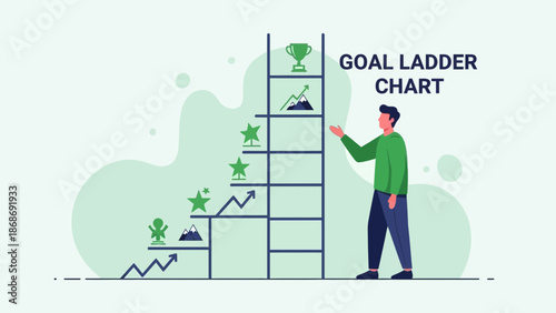 Man Reaching Goal Ladder Chart with Trophy, Success Steps, and Growth Arrows