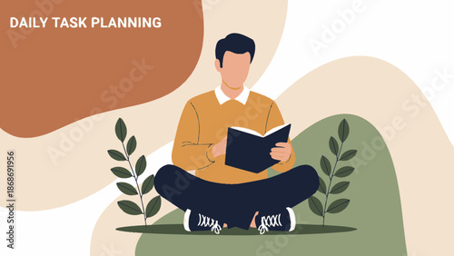 Man Reading Book Outdoors, Daily Task Planning Concept, Relaxed Sitting
