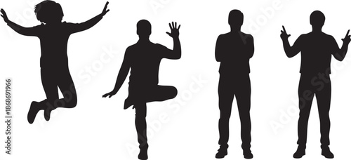 Four black silhouette figures in dynamic poses with raised arms and hands gestures