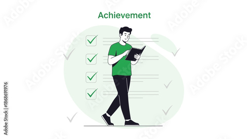 Man Reading Checklist, Goal Achievement and Success, Task Completion Vector Illustration