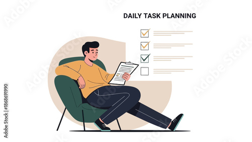 Man Relaxing, Planning Daily Tasks on Checklist, Organized Life Concept