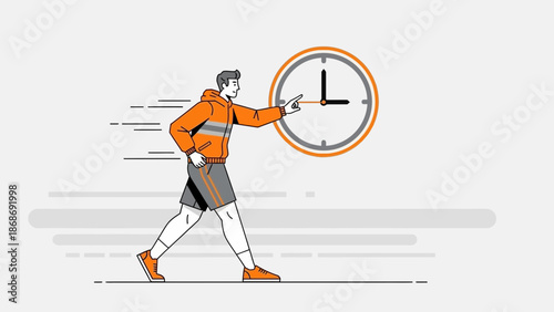 Man running towards clock, concept of time management, fitness, speed, and punctuality