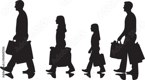 Four black silhouettes of people carrying shopping bags walking side by side