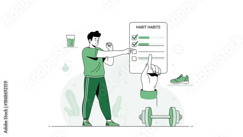 Man tracking fitness habits on checklist, dumbbell, water glass, sneaker, healthy lifestyle concept