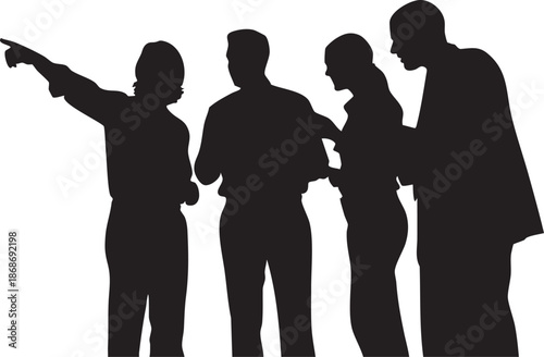 Four black silhouettes of people standing close together with one pointing and another holding a whisk