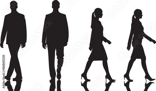 Four black silhouettes of people walking in business attire and heels