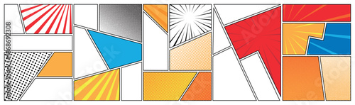 Cartoon comic background compositions set. Comics book black and white poster with halftone elements lines. Retro Pop Art style. Vector illustration