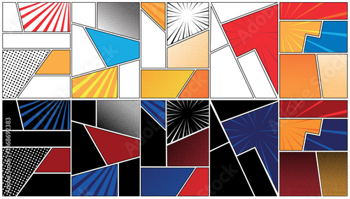 Cartoon comic background compositions set. Comics book black and white poster with halftone elements lines. Retro Pop Art style. Vector illustration