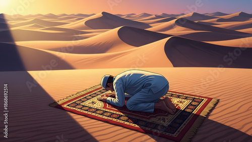 A person in prayer on a traditional rug in a desert landscape with sun rays. A person is kneeling and bowing his head during prayer