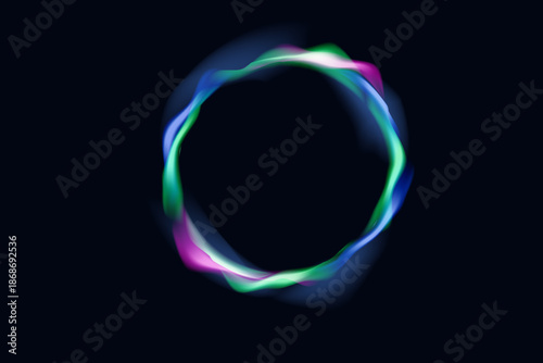 Pink-blue, red-purple, and green neon illuminated circle frames with glowing laser-light round lines on dark background perfect for cosmic geometric compositions, digital posters, and futuristic neon 