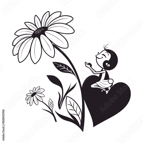 Child admiring large daisy flower