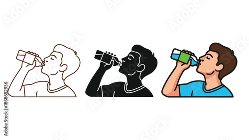 Set of three cartoon illustrations showing a young man drinking water from a bottle in line art silhouette and color versions for various design needs