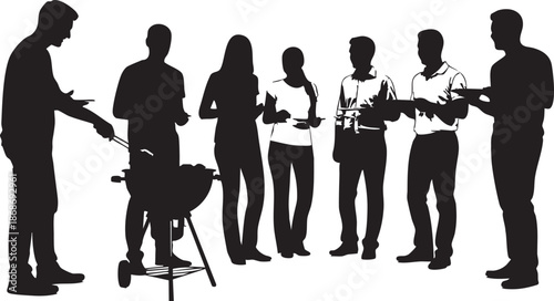 Group of people standing around a grill with cooking utensils in hand silhouette