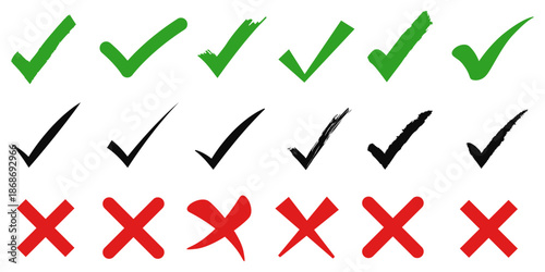 vector illustration of an arrow. Brush, marker drawn green check mark and red cross icon set Collection of hand drawn doodle tick symbol