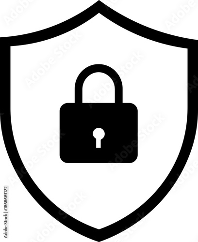 Cyber security shield icon with padlock silhouette symbol. Data protection, privacy lock emblem, antivirus firewall defense, secure login authentication guard vector illustration Secure shield lock 