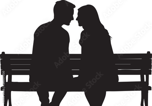 Silhouette of a couple sitting closely on a park bench facing each other