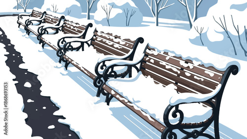 Row of empty ornate park benches dusted with fresh white snow beside a cleared dark pathway in a quiet winter landscape illustration