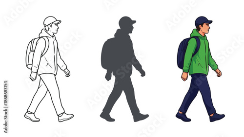 Set of three distinct visual styles showing a young male hiker or traveler wearing a cap and carrying a large backpack while walking confidently forward