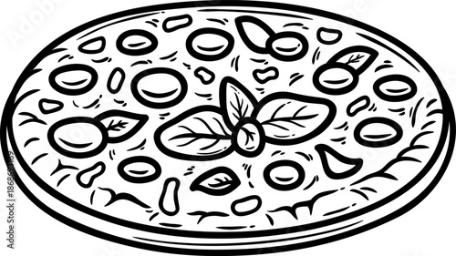 Hand-drawn pizza illustration simple line art food icon for menus and recipe blogs isolated on white background