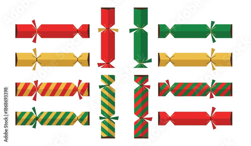 A colorful arrangement of christmas crackers in red green yellow and striped patterns is displayed on a white background high quality