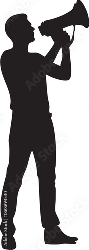 Silhouette of a person holding a megaphone and a camera black