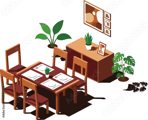 Isometric illustration of a warm cozy dining room setup featuring a wooden table set for four with matching chairs and various potted houseplants decorating the minimalist space