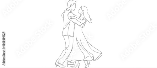 Elegant continuous line drawing depicts a couple gracefully engaged in a romantic slow dance form or ballroom movement against a stark white background suggesting intimacy and partnership.