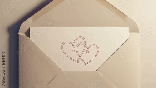 Elegant wedding invitation card featuring two intertwined looping hearts delicately printed on cream paper peeking out from inside an open neutral toned envelope