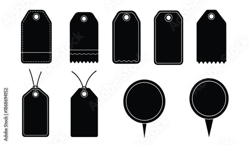 A collection of various black and white price tags labels and circular tags displayed on a white background ideal for branding