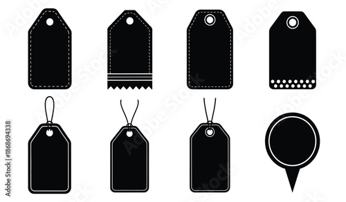 a collection of black tag icons with various shapes and designs including rectangular and circular options suitable for labeling high quality