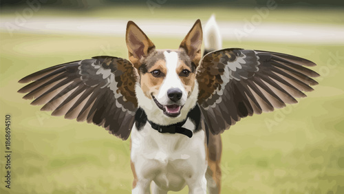 Amusing digitally altered image captures a happy terrier mix dog proudly displaying large realistic bird wings while standing outdoors on green grass