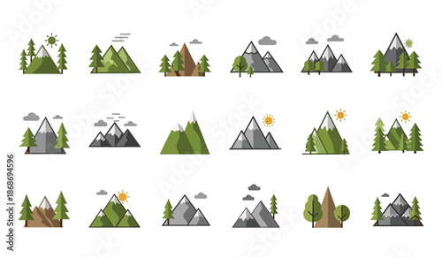 a collection of flat design mountain and tree icons displaying various landscapes and natural elements perfect for travel or nature themes