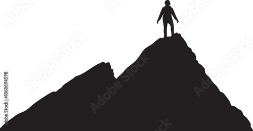 Silhouette of a person standing on a mountain peak against a white background