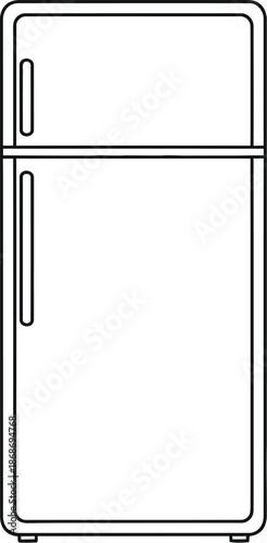 Simple black and white outline icon representing a classic top freezer refrigerator featuring distinct compartments for chilling and freezing food items in a clean minimal style drawing