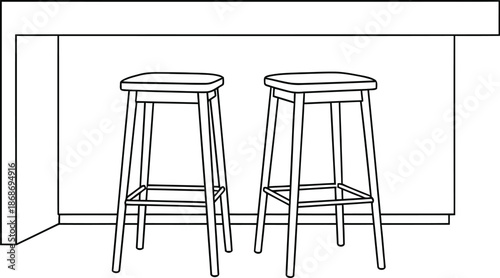 Simple black and white line art drawing illustrating two wooden bar stools neatly tucked under a kitchen island counter for modern interior design concepts