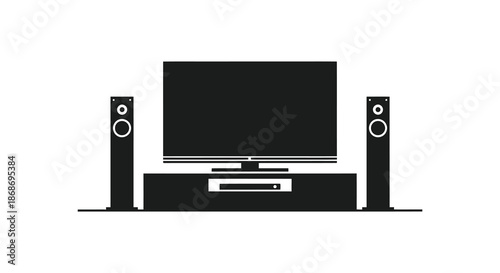 A minimalist home entertainment center showcasing a flat screen tv and speakers silhouette