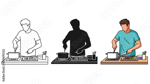 Collection of cartoon vector icons showing a man cooking food on a stovetop with vegetables being prepared using three distinct artistic styles for versatile graphic design applications