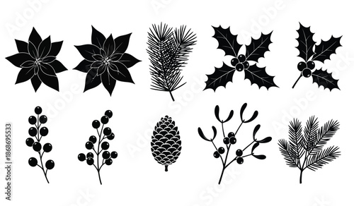 a collection of festive botanical silhouettes showcases various winter foliage including pine branches holly and poinsettia displays high quality professional detailed