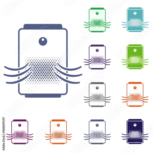 air purifier device icons set for smart home appliance blog, climate control websites, health infographics, electronics catalog design and air quality awareness presentations