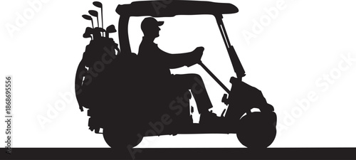 Silhouette of golfer riding golf cart with clubs on back golf clubs black and white 1