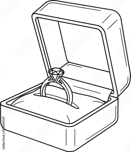 Simple black and white line art drawing of a solitaire diamond engagement ring presented open inside a classic jewelry gift box showcasing the luxurious fine jewelry piece.