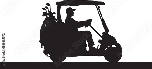 Silhouette of golfer riding golf cart with clubs on back golf clubs black and white