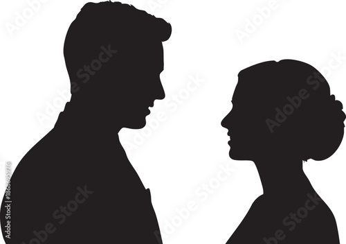 Silhouettes of a man and woman facing each other with whiskers