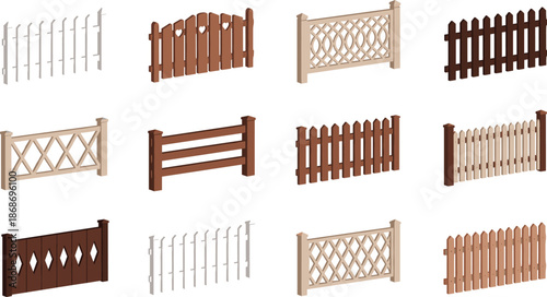 Set of decorative wooden and metal fence designs including picket, lattice, panel, and railing styles for outdoor use