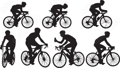 Silhouettes of cyclists riding bicycles in various dynamic poses black white