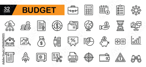 Budget and Finance Icons Set with Financial Planning Symbols Keywords: budget, finance, money