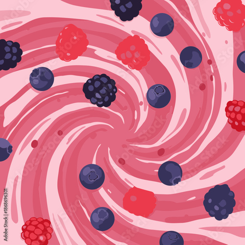 Berry swirl dessert illustration showing a variety of fresh raspberries, blueberries, and blackberries arranged artistically on a pink swirl background.